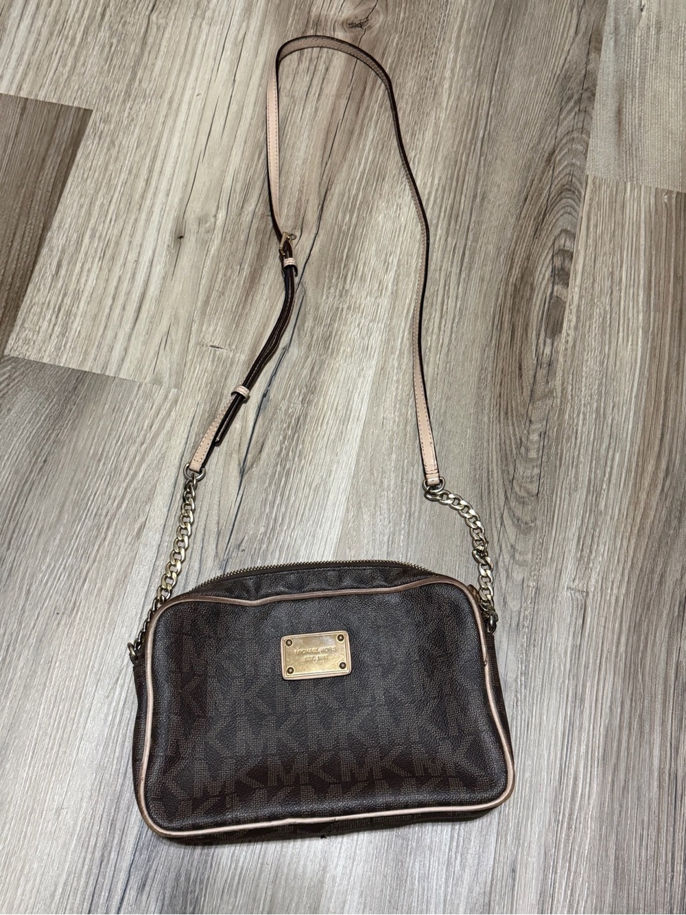 Michael Kors Brown Logo Crossbody with Blush Trim and Gold Hardware